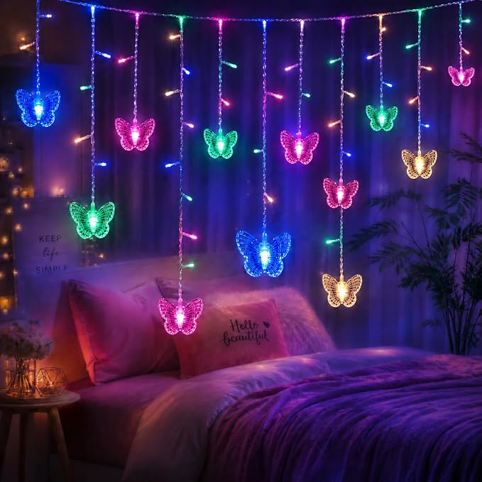 Butterfly Curtain Fairy Lights USB Plug in,8 Modes 120 LED 20FT Firefly Twinkle Timer String Lights with Remote for Bedroom Patio Christmas Wedding Party (Multi-Colored(Pink))