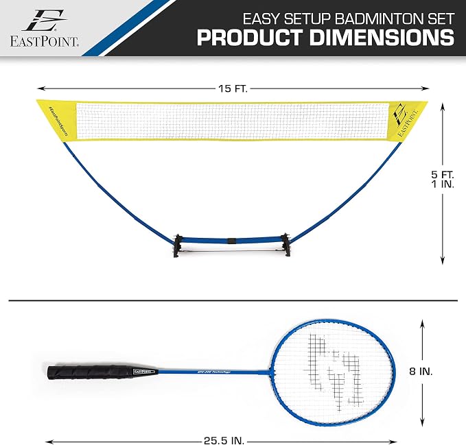 EastPoint Easy Setup Badminton Set - 15 ft Net, 4 Rackets, 2 Shuttlecocks - Quick Setup Net for Backyard Games - Steel Shaft Badminton Rackets for Family Games - Durable Shuttlecocks for Outdoors