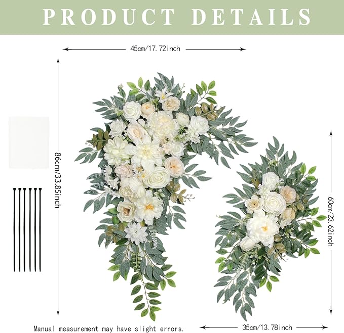 Wedding Arch Flowers with Drapes (Set of 3) Wedding Decor and Wedding Arch Draping Artificial Flower Arrangements Wedding Decorations for Reception Wedding (White Champagne)