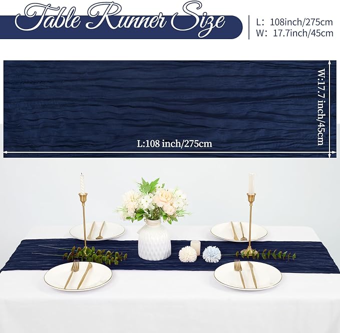 10 Pack Cheesecloth Table Runner 17 x 108 inch Long Boho Gauze Table Runners Semi Sheer Table Runner for Wedding Decor, Baby Shower, Birthday Party, Banquet (Navy Blue)