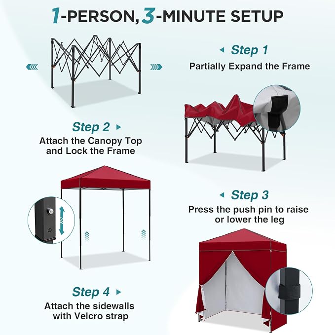 EAGLE PEAK 6x4 Instant Pop Up Canopy Tent with 4 Side Wall Panels, Straight Leg Sun Shelter, Portable Canopy with Carry Bag for Camping, Beach & Sports, Burgundy