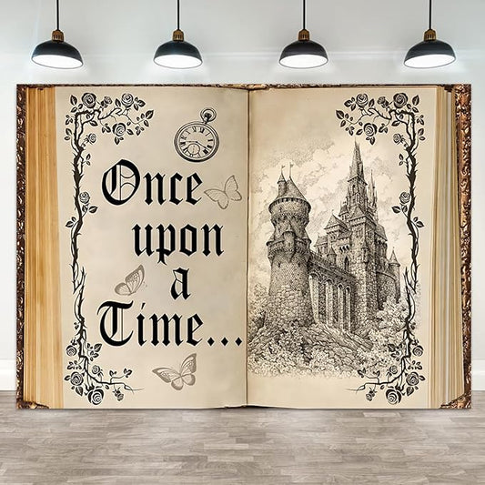 8x6ft Once Upon a Time Backdrop Fairy Tale Books Castle Princess Photography Background Once Upon a Time Birthday Baby Shower Decoration Storybook Wedding Party Banner