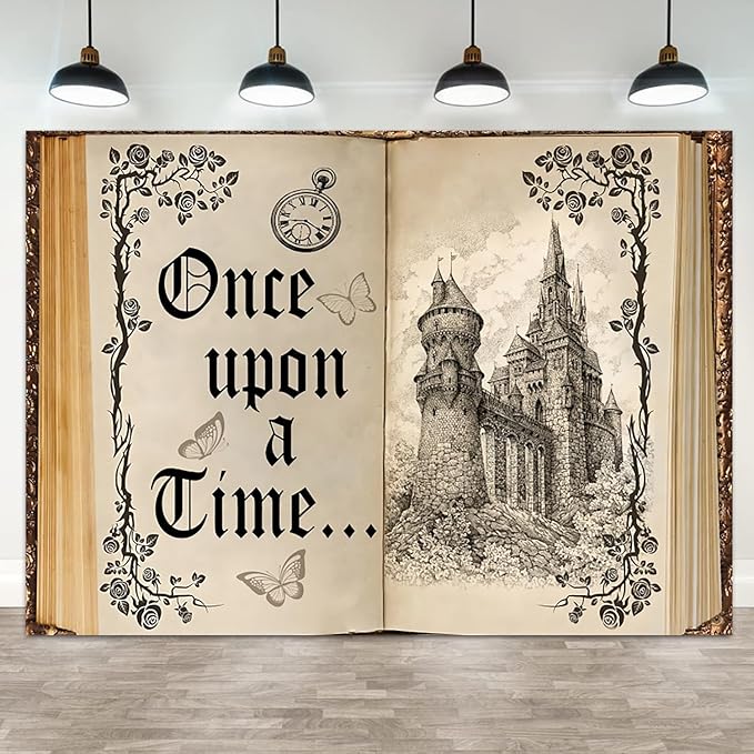 10x6.5ft Once Upon a Time Backdrop Fairy Tale Books Castle Princess Photography Background Once Upon a Time Birthday Baby Shower Decoration Storybook Wedding Party Banner