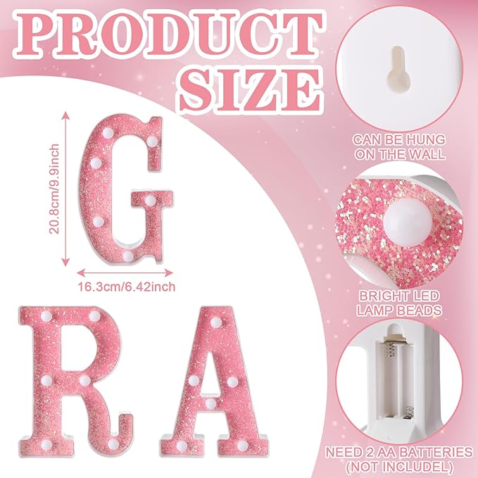 Honoson 8 Pcs Pink GRAD 2026 Sign Grad 2026 LED Sign Light up Graduation Party Decorations, Glitter Pink Light up Numbers Letters, Class of 2026 Decoration for Table High School Senior College Party