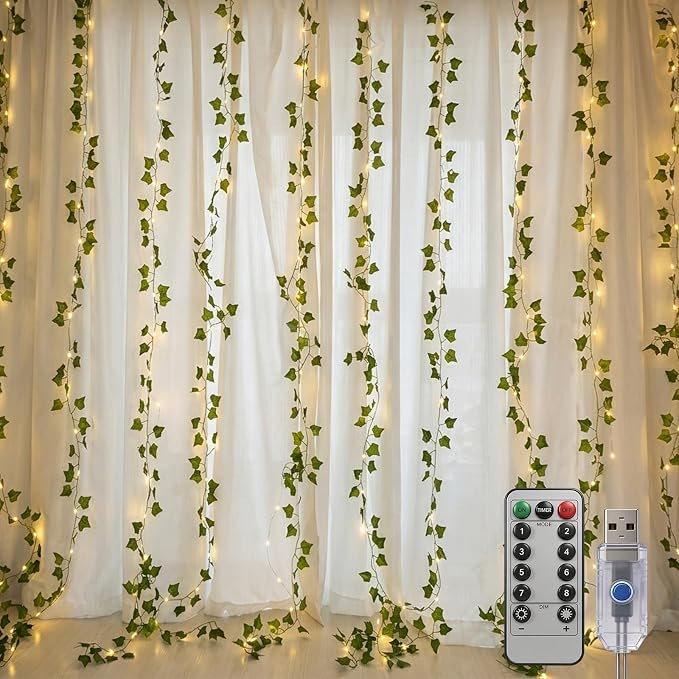 Bexdir 200 LED Curtain Vine Lights for Bedroom Decoration, 6.6x6.6ft Pre-Assembled Hanging Fake Vines with Fairy Lights USB Powered, Aesthetic Artificial Ivy Lights for Room Wall Decor