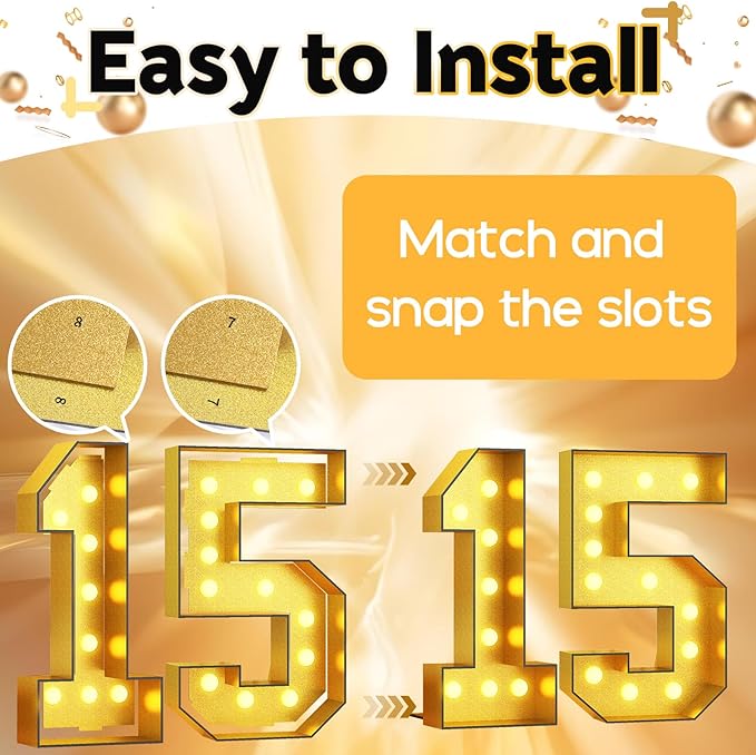 Number 15 Marquee, 4FT Light Up Numbers Gold Large Light Up Number Mosaic Number for 15th Birthday, Giant Light Up Number 4 Feet Tall DIY Frame Pre-Cut Foam Board Kit for Graduation Anniversary Party