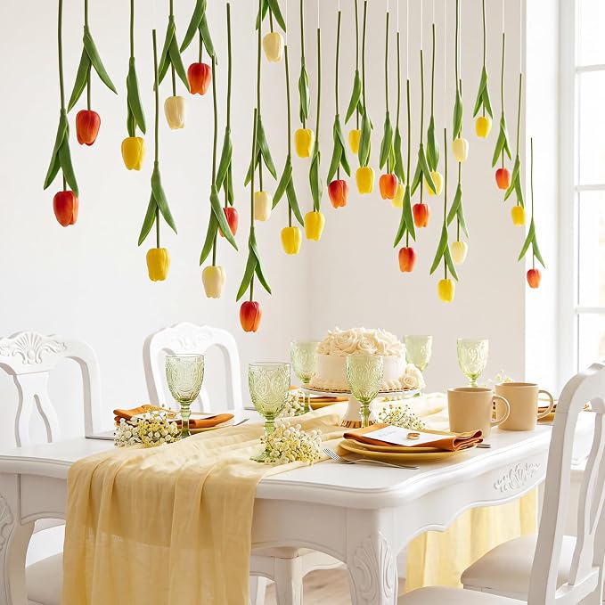 12 Pack Gradient Yellow 5 ft Artificial Tulips Hanging Flower Garland Decorations Spring Summer Dangling Faux Tulip Floral Vine Strings with Hooks for Wall Ceiling Wedding Tea Party