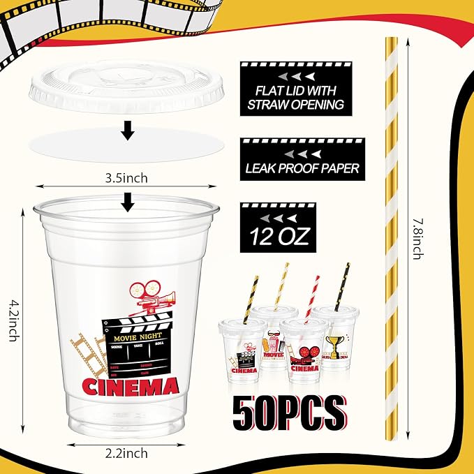 FoldTier 50 Pcs Movie Night Cups 12 oz Disposable Plastic Cups with Straws and Lids Cinema Clear mug Birthday mugs Supplies Birthday Table Decorations Party Favor