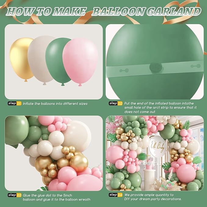 412Pcs Pink and Green Balloon Garland Arch Kit -Different Sizes 18 12 10 5inch Sage Green and Pink White Sand Gold Different Size Balloons for Girl Birthday Jungle Safari Woodland Party Decorations