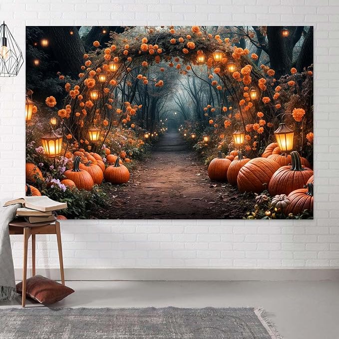 10 x 8 ft Fall Photography Backdrop Autumn Forest Maple Leaves Pumpkins Thanksgiving Party Supplies Nature Scenery Path Landscape Outdoor Party Decor Photo Booth Studio Props