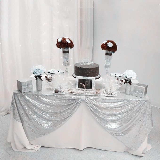 B-COOL Sequin Tablecloth Christmas Decoration 50x50 Inches Square Fabric Thanksgiving Table Cloth Sparkle Overlays Glitz Silver Table Overlay Baby Shower Birthday