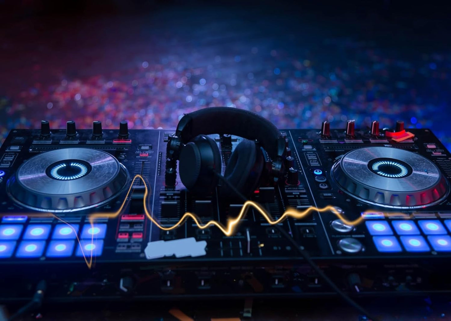 CORFOTO 10x8ft Fabric Dj Mixer with Headphones Backdrop Photography Dj Sound Equipment in Dark Background Musical Dance Disco Party Decorations Live Concert Stage Photoshoot Booth Studio Props