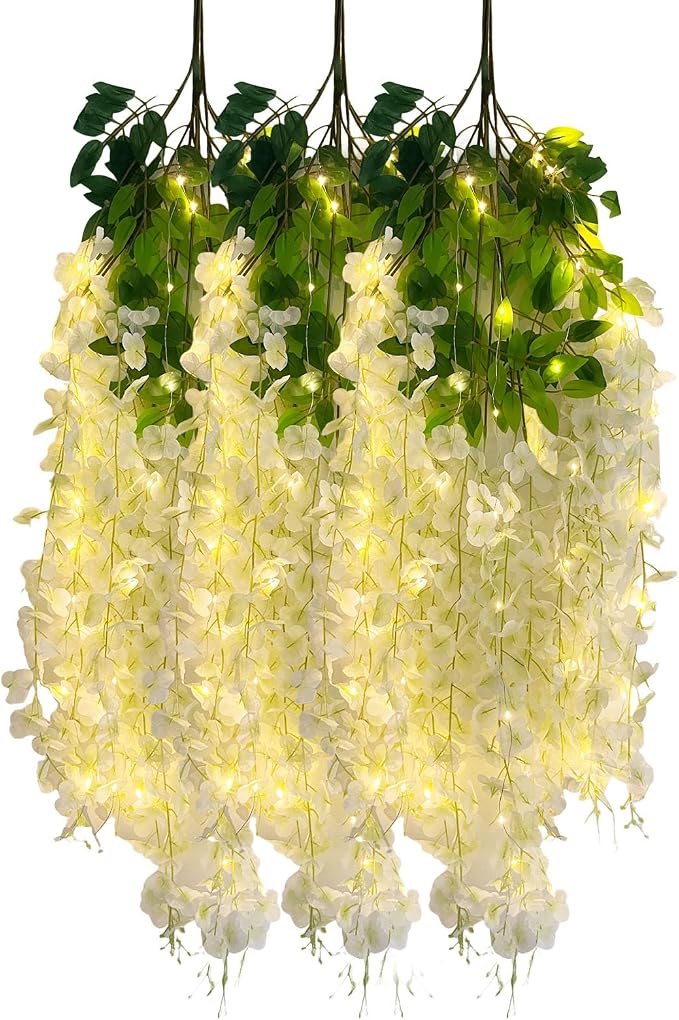 12 Pack Cream Wisteria Hanging Flowers Garland with Lights, 3.44 Feet Artificial Flower Vines, Fake Wisteria, Artificial Vines Hanging Garland for Backdrop Outdoor Patio Garden Decor