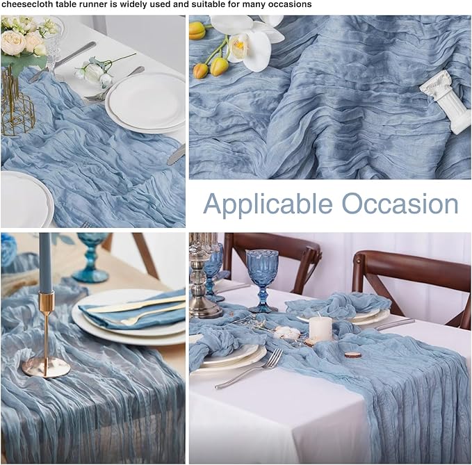 6 Pack Dusty Blue Cheesecloth Table Runner 21x120 Inch Boho Wrinkled Sheer Romantic Gauze Decor for Wedding, Bridal Shower, Birthday Party
