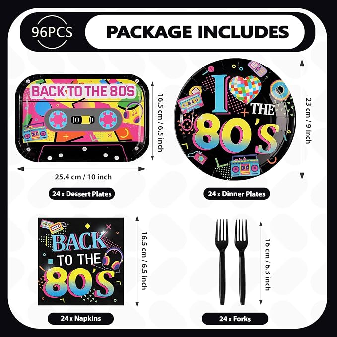 96Pcs Back to the 80s Birthday Party Decorations, Serve 24 | Back to the 80's Theme Plates and Napkins Tableware Sets Retro Colorful Hip Hop Decorations for Anniversary 1980's Supplies