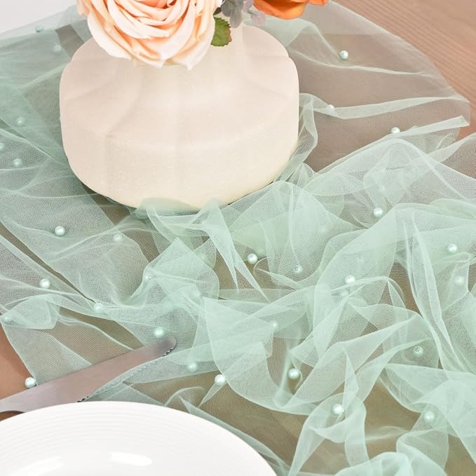 Sage Green Pearl Table Runner Boho Rustic Tulle Lace Dining Baby Shower Wedding Arch Decor Veil Dessert Holiday Centerpiece Table Decor