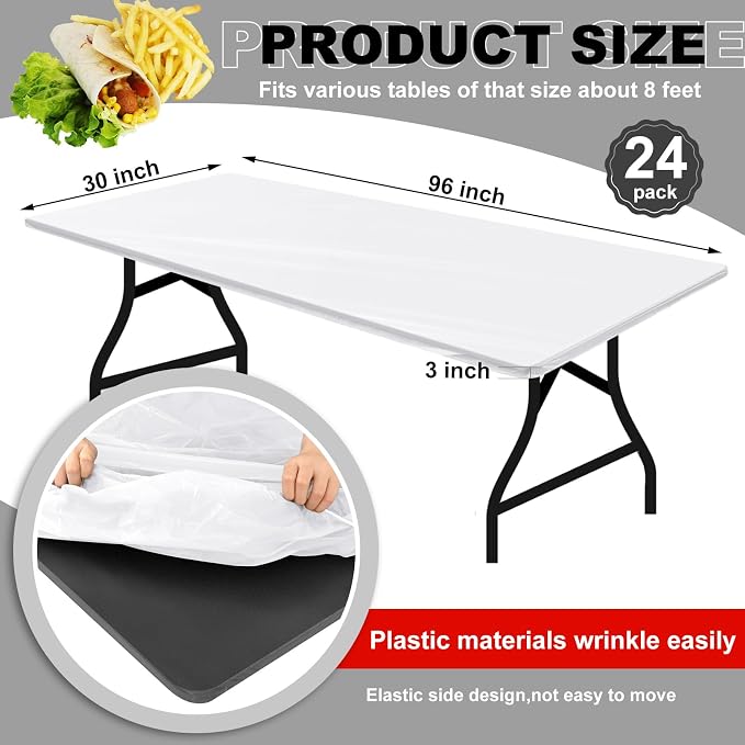 Boao 24 Pcs Summer Plastic Table Cloth Rectangle Picnic Table Covers Elastic Fitted Tablecloth, Disposable Waterproof for Camping, Indoor, Outdoor(White,8 Ft, 96 x 30 Inch)