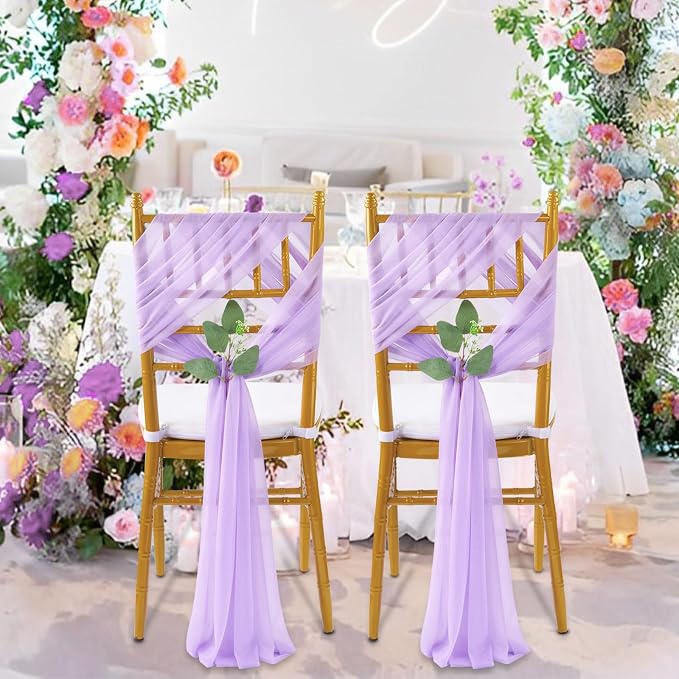 QueenDream Light Purple Wedding Chair Sashes 16 Pieces Wedding Aisle Chair Decorations Long Sheer Church Draping Fabric Chair Covers Bulk with Artificial Eucalyptus