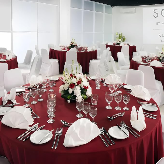 8 Pack Burgundy Round Tablecloth 120 Inch Wrinkle Resistant Burgundy Table Cloth Reusable and Washable Polyester Fabric for Buffet Wedding Party and Banquet