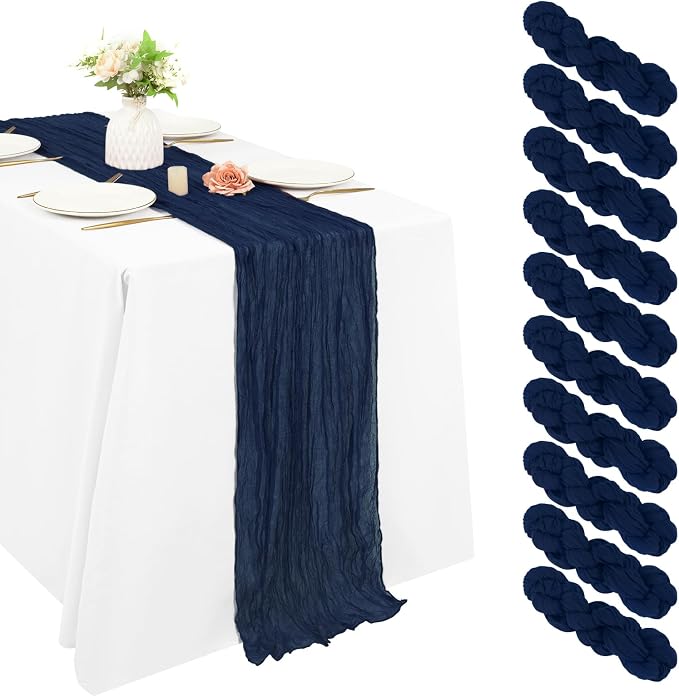 10 Pack Cheesecloth Table Runner 17 x 108 inch Long Boho Gauze Table Runners Semi Sheer Table Runner for Wedding Decor, Baby Shower, Birthday Party, Banquet (Navy Blue)