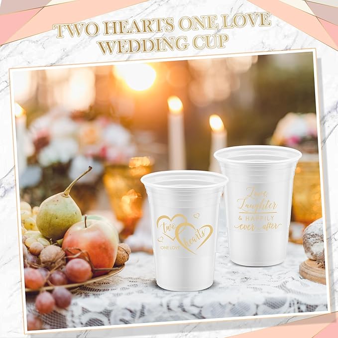 Layhit 100 Pcs Wedding Disposable Thick Plastic Cups, 16 oz White Cups with 2 Elegant Love Designs, Decorations for Wedding Reception Guests, Bridal Shower, Engagement, Bachelorette Party Supplies