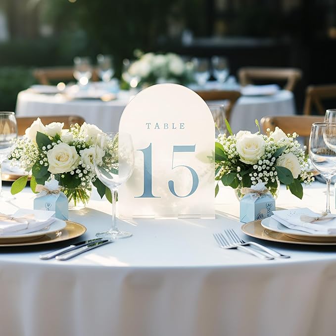 15 Pcs Frosted Arch Wedding Table Numbers with Stands 1-15, 5"x7" Acrylic Display Signs and Holders, Perfect for Centerpiece, Reception, Party, Anniversary, Banquet, Event (Dusty Blue)