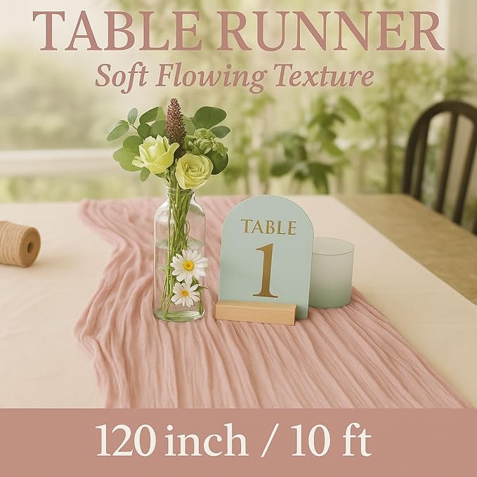 3 Pack Dusty Pink 10FT Cheesecloth Table Runners –120 Inch Blush Gauze Boho Table Decor Set for Bridal Shower, Mother’s Day Brunch, Baby Girl Party, or Romantic Wedding Reception
