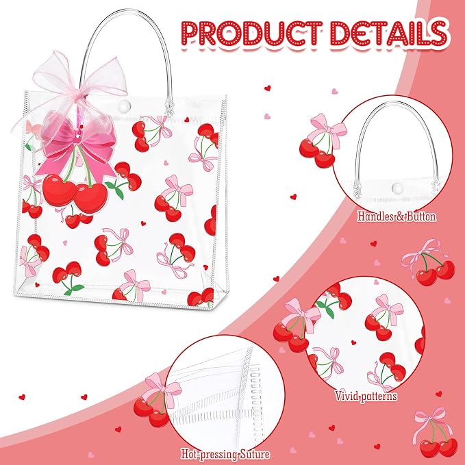 Hosuly 24 Pcs Cherry Clear Gift Bags with Ribbon Roll Cherry Transparent PVC Goodie Bags Bulk Pink Bow Reusable Treat Pouches for Wedding Birthday Baby Shower Y2k Party Supplies