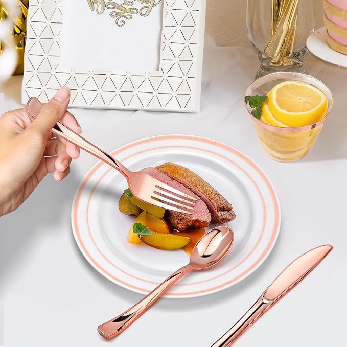 150PCS Rose Gold Plastic Plates Set for 25 Guests, 7.5" Small Disposable Dessert Plates with 9oz Cups,5oz Champagne Flutes & Spoons, Forks & Knives for Birthday, Wedding & Elegant Party Supplies