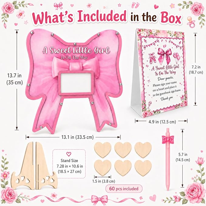 Pink Bow Baby Shower Decorations,A Sweet Baby Girl Is On The Way BabyShower Guest Book Alternatives with Pen,Photo Frame and 60 Heart Wood Slices for 60 Guests