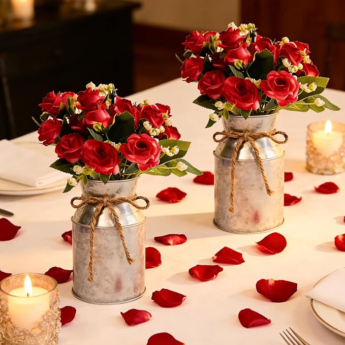 Set of 4 Wedding Flower Centerpiece for Tables Decorations, Red Artificial Roses Bouquet with Metal Vase, Faux Flower Arrangement for Party Bridal Shower Party Event (Silver Vases & Red Roses)