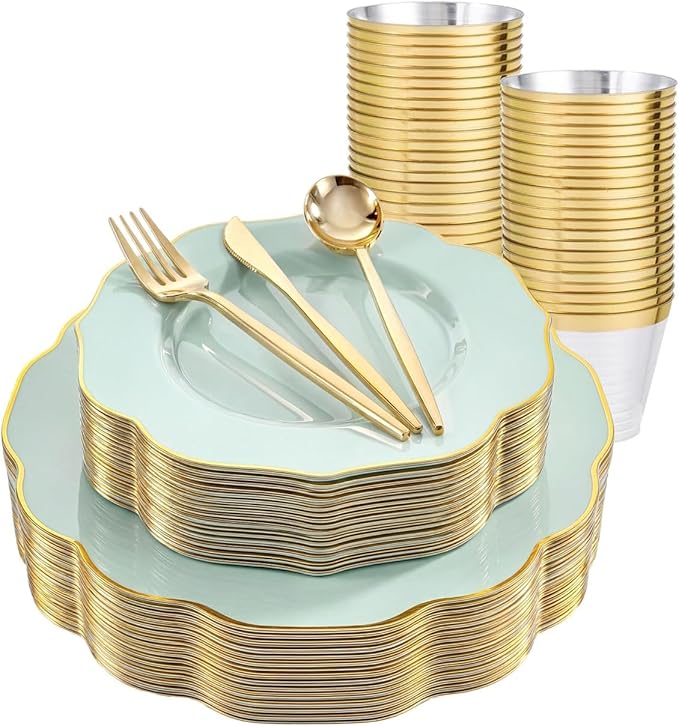 bUCLA 180PCS Green Plastic Plates - Disposable Sage Green with Gold Rim - Include 30 (Dinner & Dessert) Plates, 30 Knives, 30 Forks, 30 Spoons and 30 Cups for Party, Spring & Shower