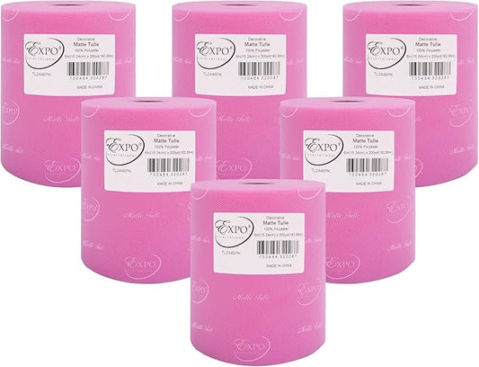 Expo International Decorative Matte Tulle, Roll/Spool of 6” X 200 Yards, Lightweight Polyester Tulle Fabric for Tutus, Costumes, and Party Decorations, Washable, Easy-to-Use, Pack of 6, Pink