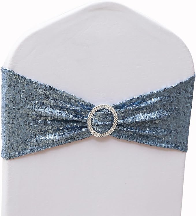 50 Pack Sequin Dusty Blue Chair Sashes for Wedding Chairs Bands Bows for Party Birthdya Banquets Birthday Anniversary Outdoor Events Decorations