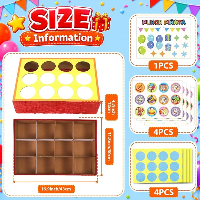 WERNNSAI Birthday Punch Piñata - Punch Box Piñata with 4 Sets of DIY Stickers & 4 Replacement Punch Papers, Hanging Surprise Game Supplies for Birthday Party, Family Gatherings, School Carnival Decor