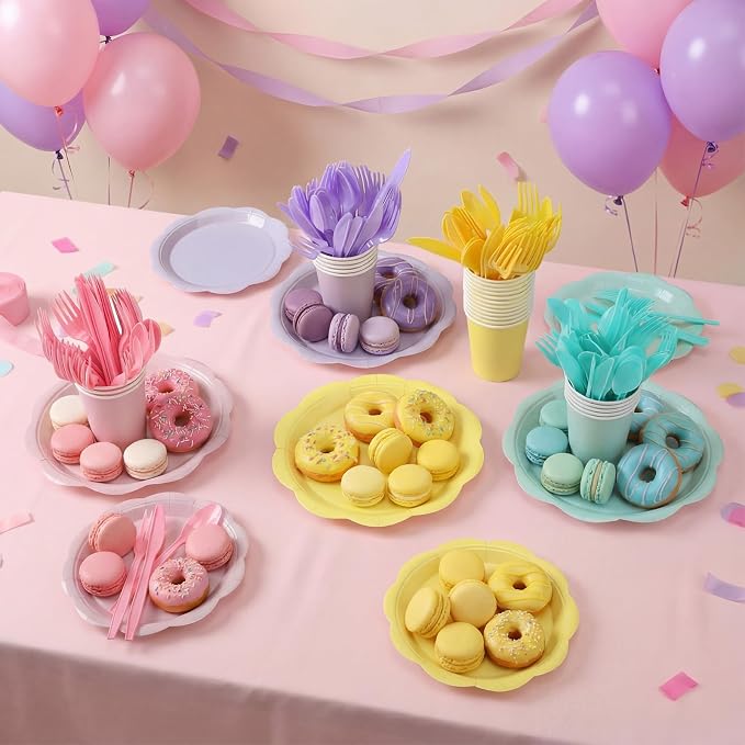 Qinyoung 388 Pcs Pastel Plates and Napkins Party Supplies Tableware Include Disposable Scalloped Plate Paper Napkin Cup Plastic Cutlery for Baby Shower Party Wedding Birthday, 48 Sets