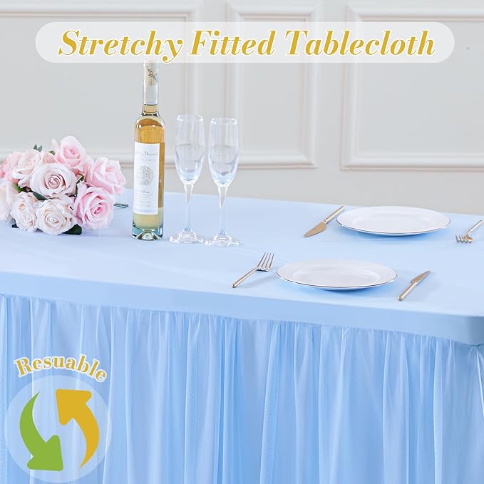6 Pack Baby Blue Table Cloth for 6 Foot Rectangle Tables, Stretch Fitted Tulle Table Covers Skirt, Rectangular Ruffle Tutu Tablecloth Wedding Baby Shower Baby Shower Cake Tablecloths