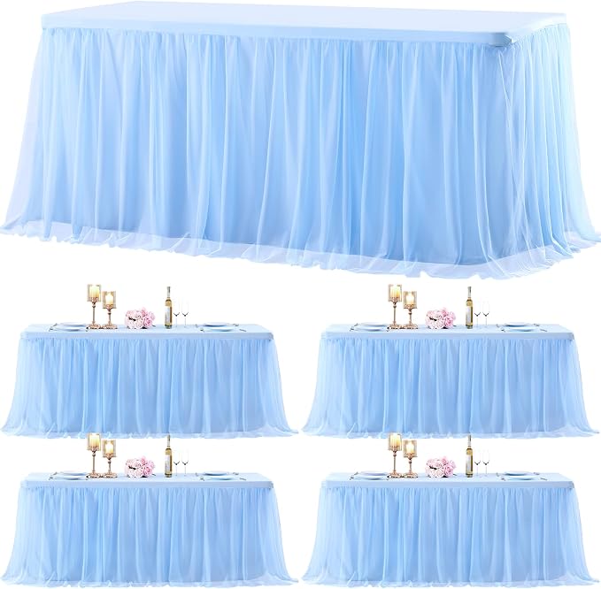4 Pack Baby Blue Table Cloth for 8 Foot Rectangle Tables, Stretch Fitted Tulle Table Covers Skirt, Rectangular Ruffle Tutu Tablecloth Wedding Baby Shower Baby Shower Cake Tablecloths