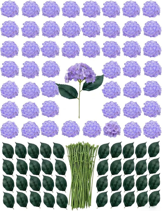 50 Pack Artificial Purple Hydrangea Flowers with Leaves, 6 Inch Silk Flower Heads, DIY Mother's Day Wedding Decor Set with 100 Leaves, 50 Stems