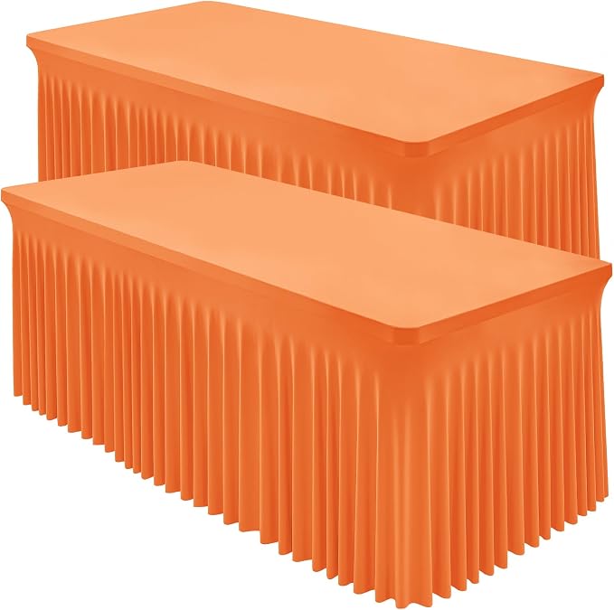 Shillance 2 Packs Orange Spandex Tableclothes for 4 Foot Rectangle Table, Spandex Table Covers 4FT Stretch Table Skirts Rectangle Wrinkle Free Fitted Tablecover for Event, Wedding, Banquet & Parties