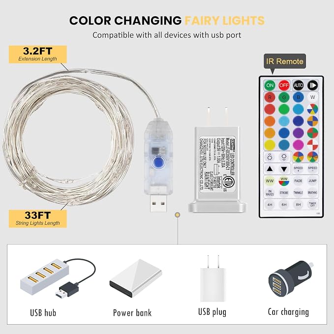 Fairy Lights USB Plug in 33ft 100LEDs with Remote, Warm White 20 Color Changing Light Twinkle Firefly String Lights for Bedroom Party Wedding Christmas Tapestry, Multicolor Colors (USB&Plug)