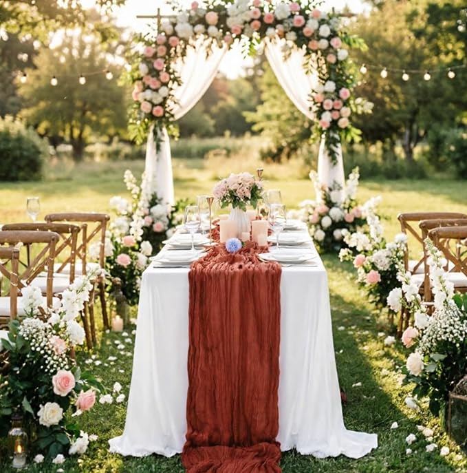 16 Pack Terracotta Cheesecloth Table Runner 35x120 Inch Boho Gauze Cheese Cloth Table Runner 10FT Long Rustic Sheer Table Runners for Wedding Bridal Shower Birthday Party Table Decor