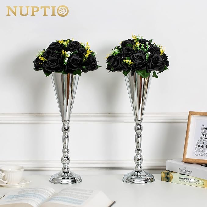 NUPTIO Black Artificial Roses Flowers: 6 Pcs Fake Flower Bouquet Halloween Decorations - 15 Heads Artificial Rose Centerpieces with Base for Gothic Wedding Party Table Decor