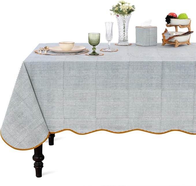 Ridhi Blue Stripe 60x60 Inches Square 100% Cotton Hand Block Print Washable Decorative Spring Summer Parties/Wedding Use,Fall décor Farmhouse Dining Dinner Tablecloth