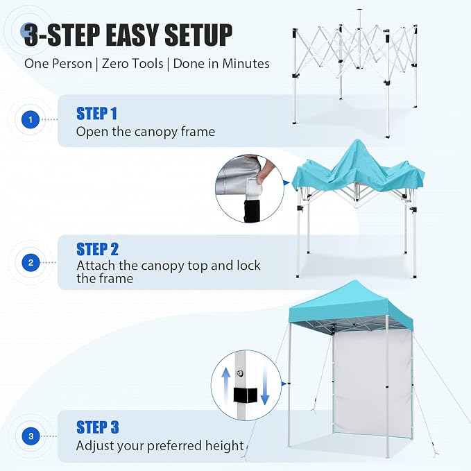 EAGLE PEAK Pop up Canopy 5x5, Outdoor Portable Canopy Tent with One Removable Sunwall, Carry Bag Included, Light Blue