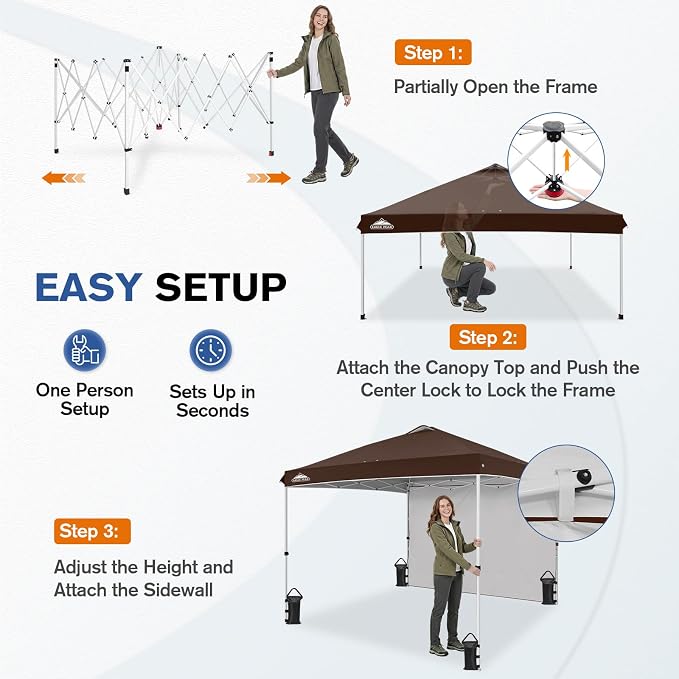 EAGLE PEAK Commercial Canopy 10x10 Pop Up Canopy Tent with 1 Sidewall, Easy Setup Heavy Duty Instant Event Shelter for Vendors & Markets, Outdoor Sun Shade, Brown