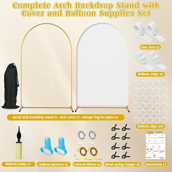 Arch Backdrop Stand and Cover Set| 7.2ft Wedding Metal Arch Stand with Spandex Fitted Backdrop Cover|Gold Balloon Arched Frame White Arch Cover for Birthday Party Baby Shower Graduation Ceremony Décor