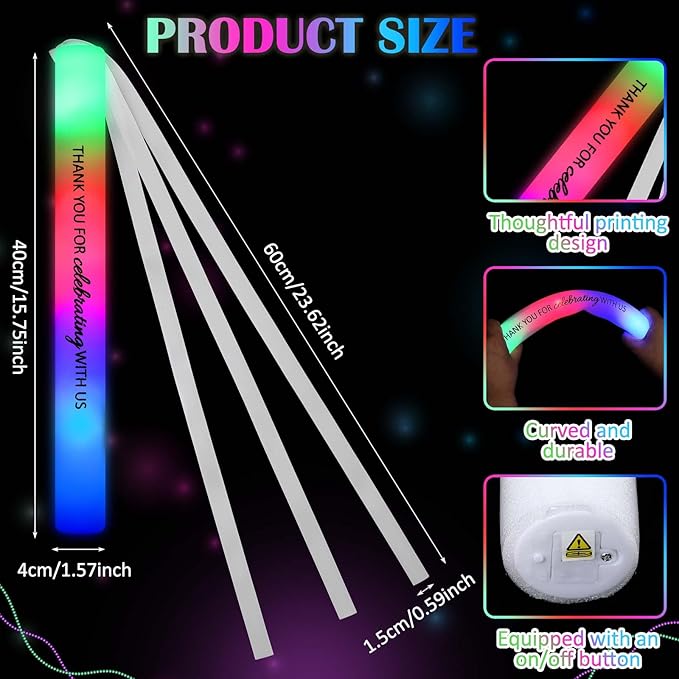 JellyArch 100 Pack Wedding Glow Sticks for Reception LED Foam Light up Sticks with Ribbon Light Stick Bulk with 3 Modes Colorful Flashing for Wedding Send Off Party Favors, Dance Floor, Birthday