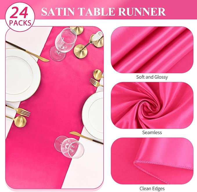 24 Pack Hot Pink Satin Table Runners 12 x 108 Inch Long Table Runners for Rectangle Round Tables,Smooth Satin Table Runner for Wedding,Birthday Party Banquets Graduation Engagements Decoration
