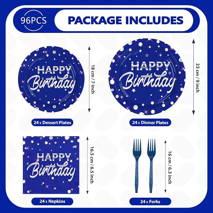 96Pcs Blue and Silver Birthday Party Decorations Silver Polka Dots on Blue Paper Plates and Napkins Disposable Tableware for Men Birthday Party Father's Day Graduation Decorations 2026 Serves 24